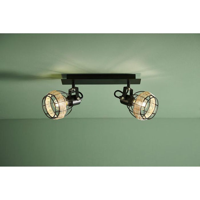 Aplique "Cyrus" de metal negro y ratán 2 pantallas - 35367