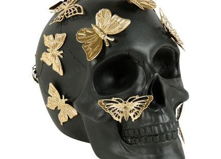 Cráneo de resina negra con mariposas doradas A18cm - 35779