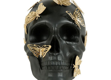 Cráneo de resina negra con mariposas doradas A18cm - 35779