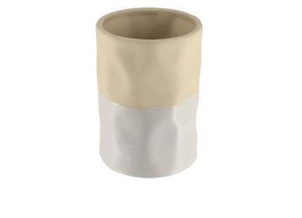 Vaso y portacepillos de cerámica bicolor beige y blanca - 61137161