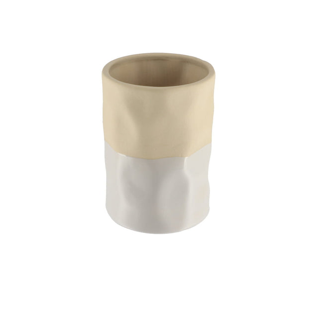 Vaso y portacepillos de cerámica bicolor beige y blanca - 61137161