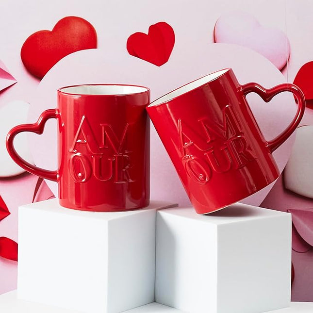 Taza X2 de cerámica duradera, diseño romántico con inscripción "AMOUR" - KA0385