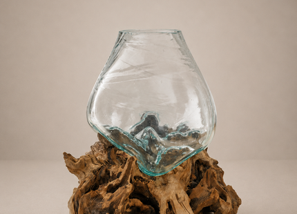 Jarrón de vidrio sobre tronco de madera 40cm  - MB049