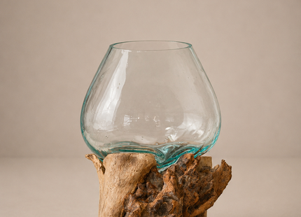 Jarrón de vidrio sobre tronco de madera 20cm  - MB099
