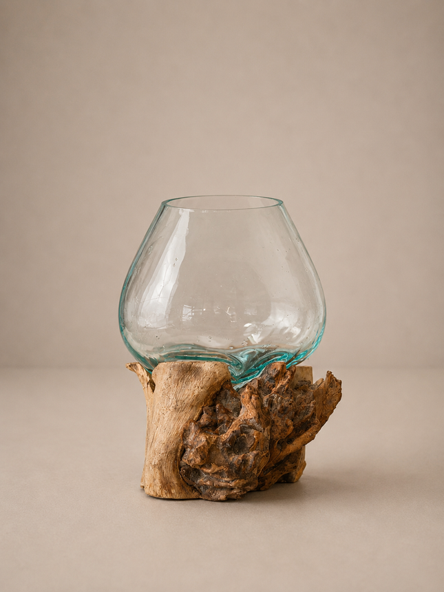 Jarrón de vidrio sobre tronco de madera 20cm  - MB099