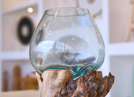 Jarrón de vidrio sobre tronco de madera 20cm  - MB099