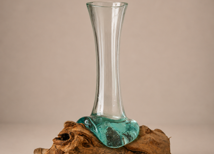 Jarrón de vidrio sobre tronco de madera 20cm - MB560