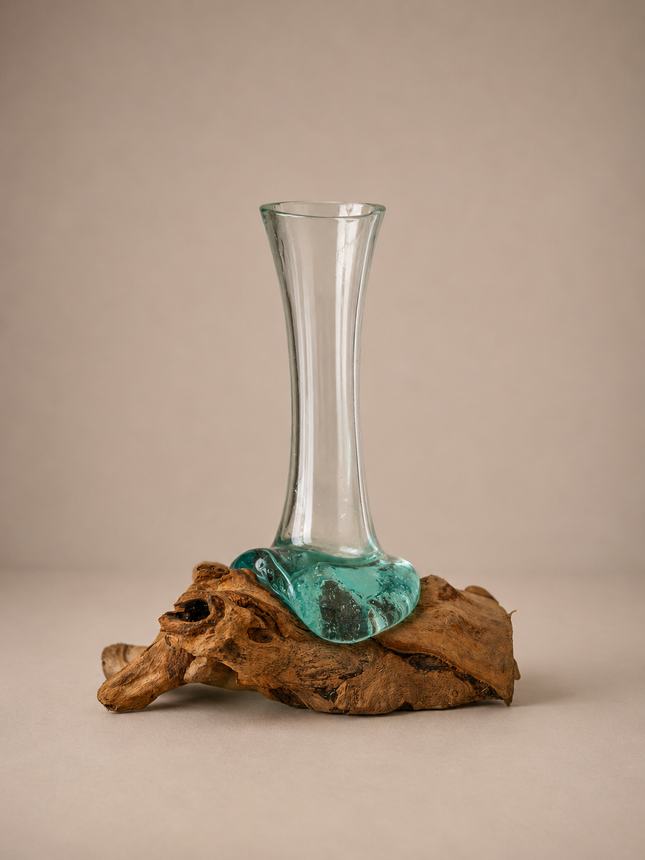 Jarrón de vidrio sobre tronco de madera 20cm - MB560
