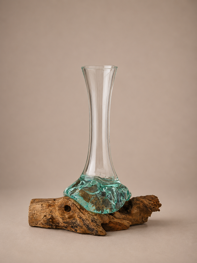Jarrón de vidrio sobre tronco de madera 30cm - MB560C